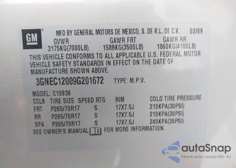 2009 Chevrolet Avalanche 1500 Ls z USA, uszkodzony, nr VIN 3GNEC12009G201672